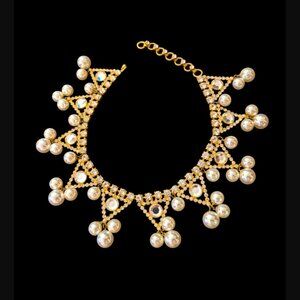Vintage Alice Caviness Gold Tone Faux Pearl Rhinestone 16.5" Statement Collar